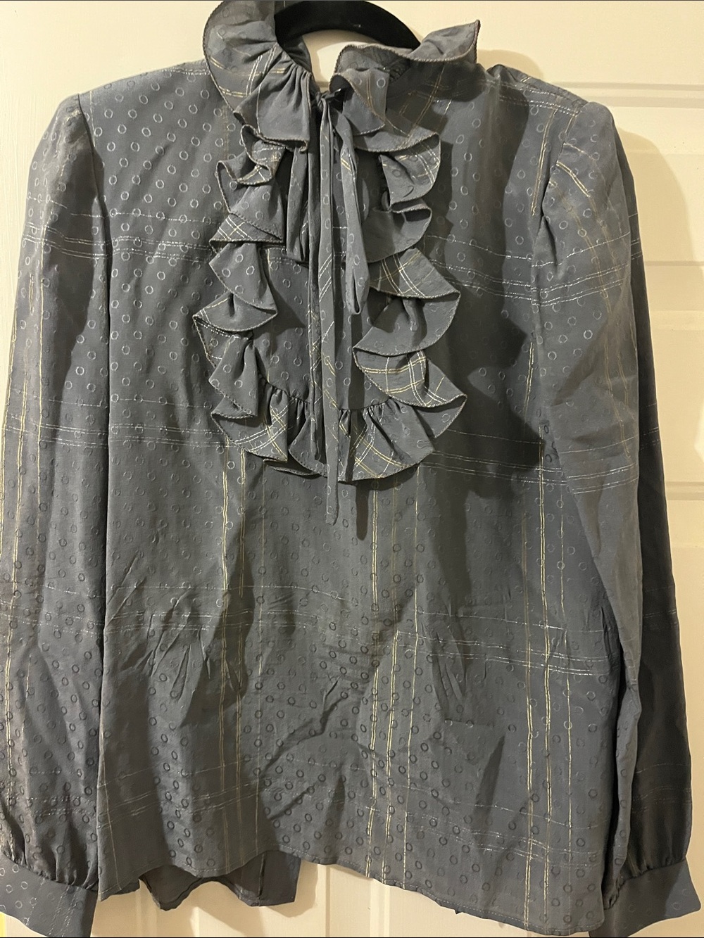 Valentino Slate Gray Ruffle Tie-Neck Blouse